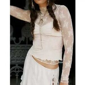 Premium White Sheer Floral Lace Mock Neck Top - Bridgerton,  Regencycore Size M